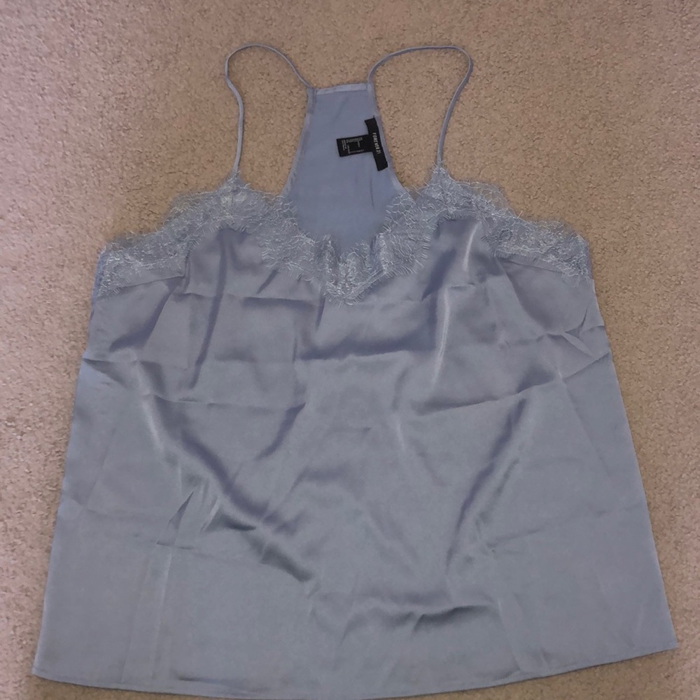 silky lace trim blue tank top